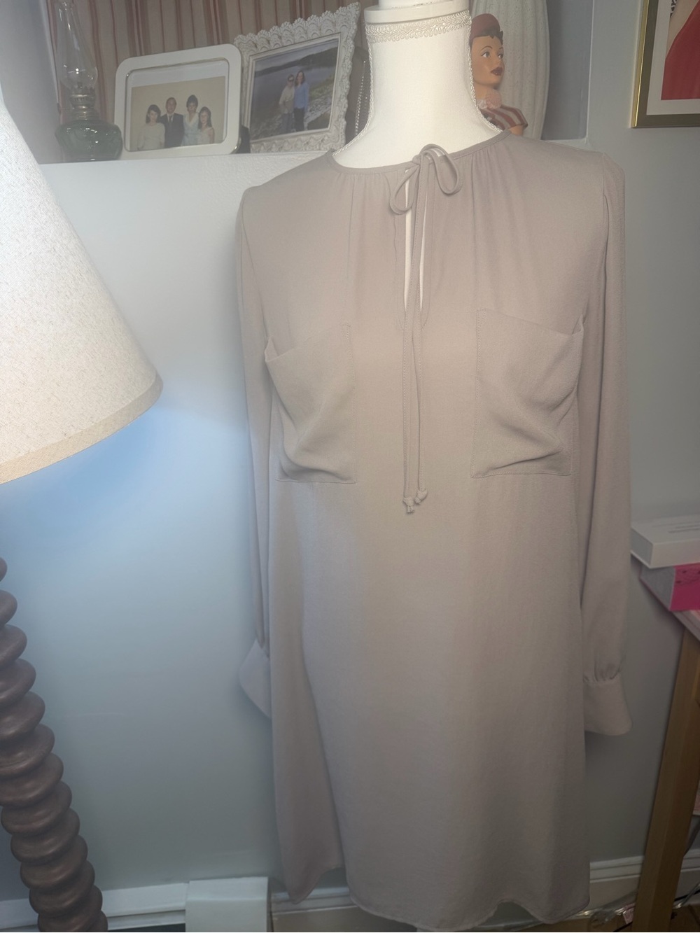 BCBGMaxAzria Taupe Long Sleeve Tie-Neck Shift Dress